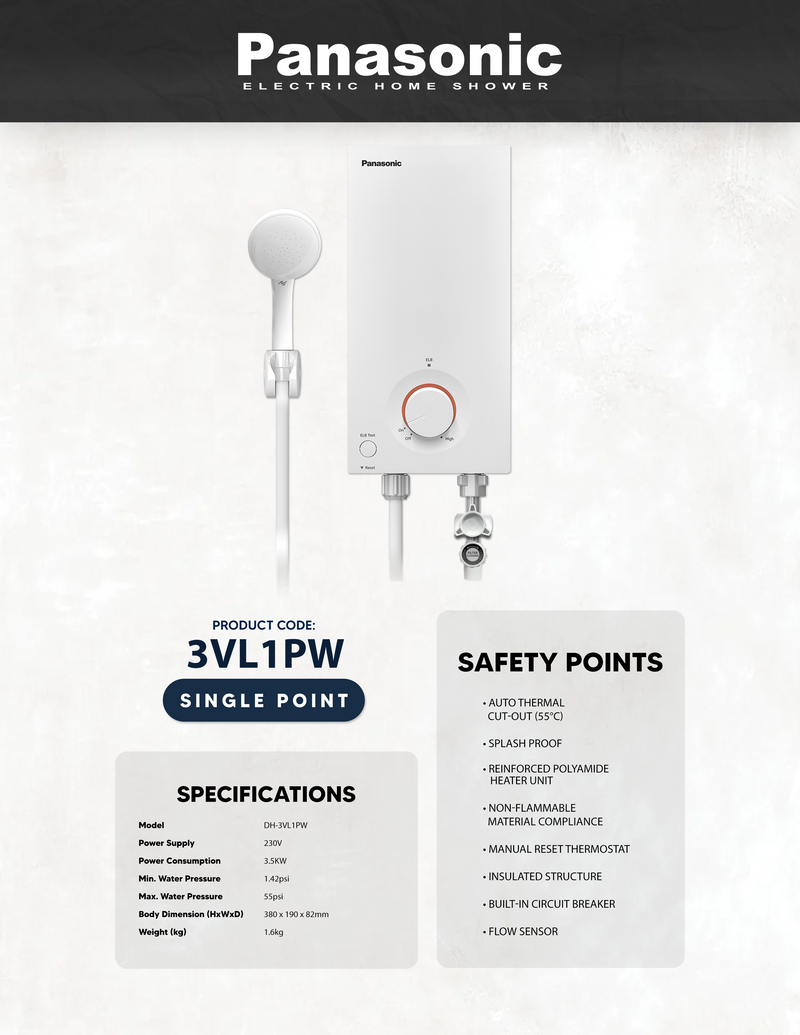 Panasonic Water Heater DH-3VL1PW Single Point